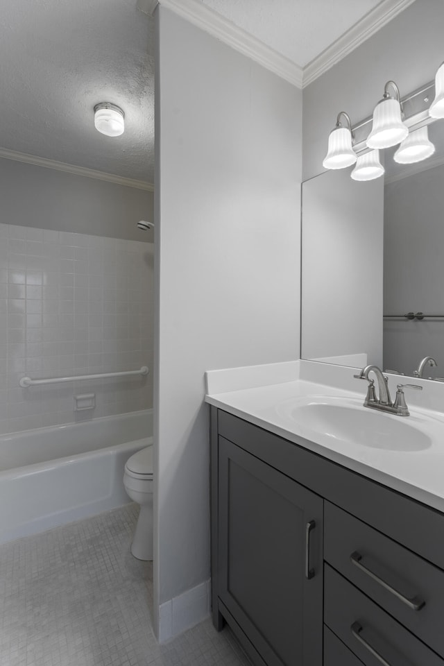 full bathroom with shower / bathtub combination, toilet, crown molding, and tile patterned flooring