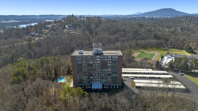 drone / aerial view featuring a mountain view