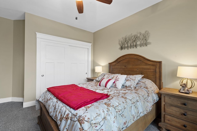 bedroom with ceiling fan and dark carpet