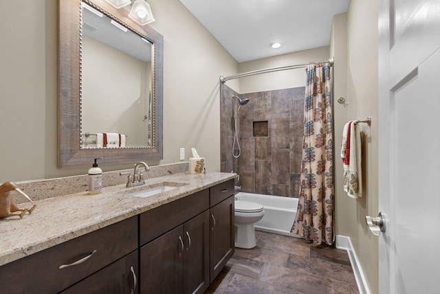 full bathroom featuring toilet, shower / bathtub combination with curtain, and vanity