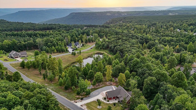 aerial view at dusk with a water and mountain view