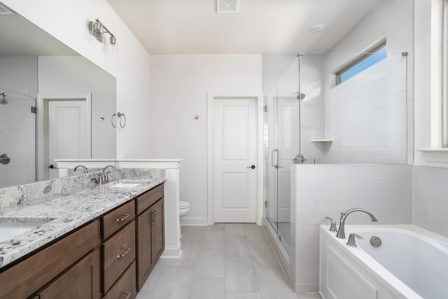 full bathroom with toilet, tile patterned floors, vanity, and plus walk in shower