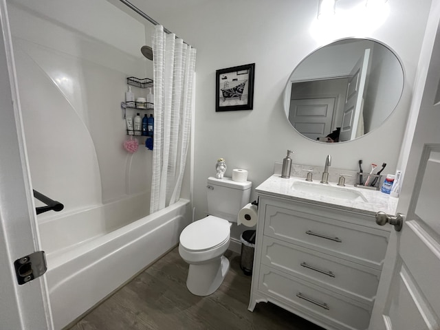 full bathroom featuring toilet, shower / tub combo, hardwood / wood-style floors, and vanity