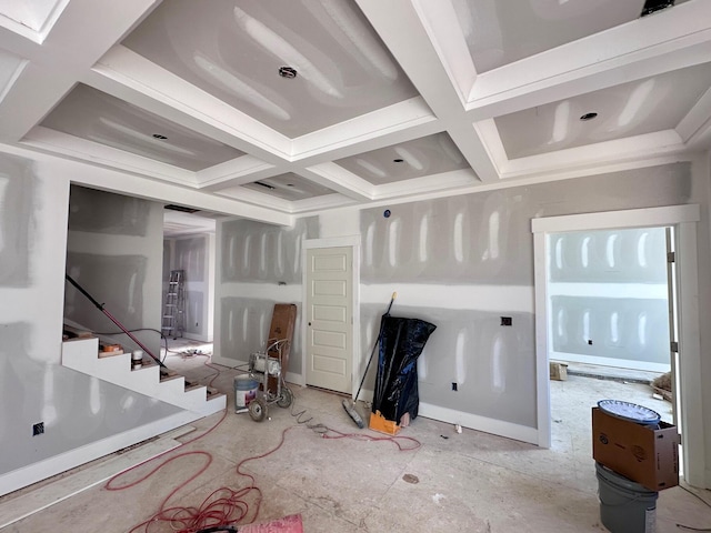 living room with beam ceiling and coffered ceiling