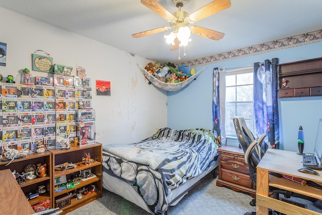 bedroom featuring carpet floors and ceiling fan