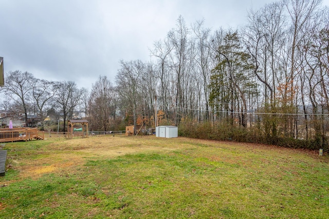 view of yard featuring a storage unit