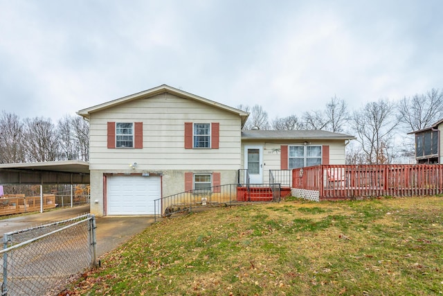 split level home featuring a garage and a front lawn