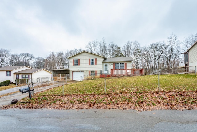 view of front of house featuring a wooden deck, a carport, a garage, and a front lawn