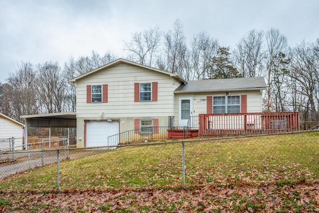 tri-level home featuring a garage, a front lawn, and a carport