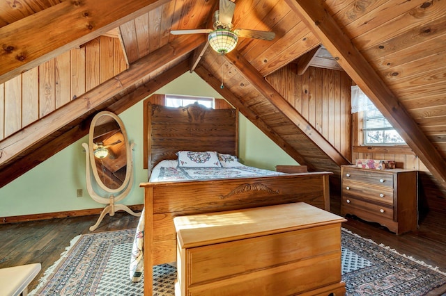 unfurnished bedroom with wood ceiling, ceiling fan, vaulted ceiling with beams, and dark wood-type flooring