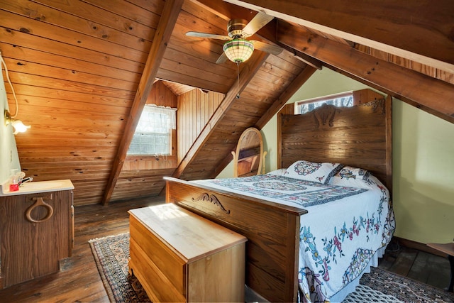 bedroom with ceiling fan, dark wood-type flooring, lofted ceiling with beams, and wood ceiling