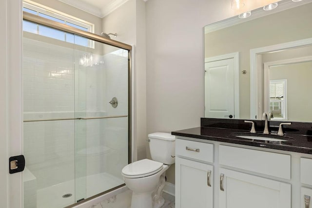 1691 Whisper Winds Ln Unit 35, Ooltewah, TN 37363 - bathroom featuring ornamental molding, a stall shower, marble finish flooring, vanity, and healthy amount of natural light