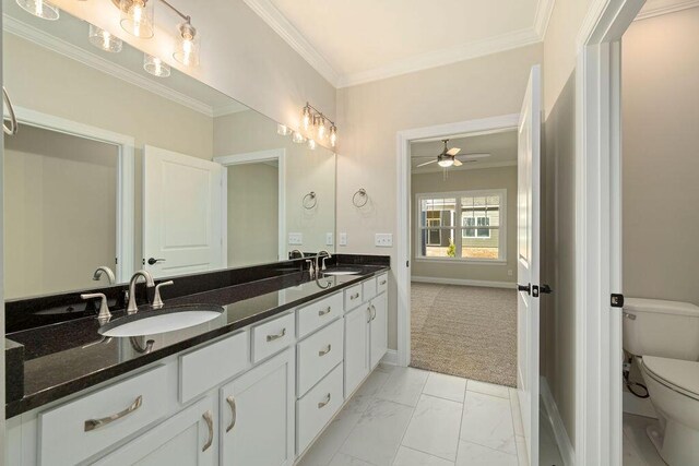 1691 Whisper Winds Ln Unit 35, Ooltewah, TN 37363 - full bathroom featuring double vanity, a ceiling fan, ornamental molding, and marble finish floors