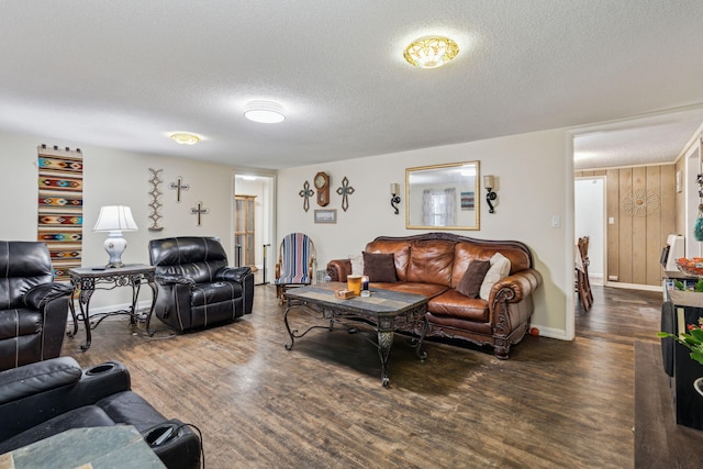 living room with a textured ceiling and dark hardwood / wood-style flooring