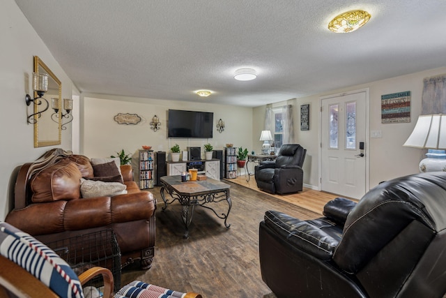 living room with wood-type flooring and a textured ceiling