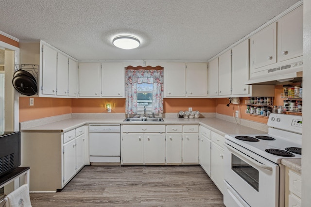 kitchen featuring sink, white appliances, and white cabinetry