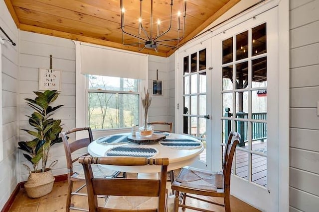 dining space featuring lofted ceiling, wood ceiling, wooden walls, wood-type flooring, and a chandelier