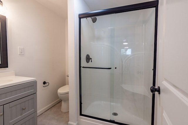 bathroom with toilet, tile patterned floors, an enclosed shower, and vanity