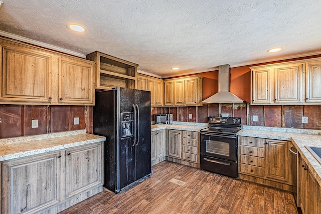 kitchen featuring dark wood-type flooring, black appliances, a textured ceiling, light stone countertops, and wall chimney range hood