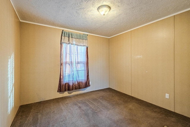 carpeted spare room with ornamental molding and a textured ceiling