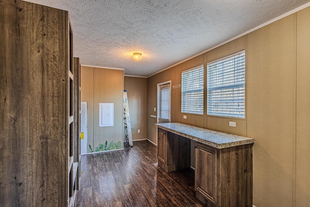 entryway featuring ornamental molding, dark hardwood / wood-style floors, and a textured ceiling