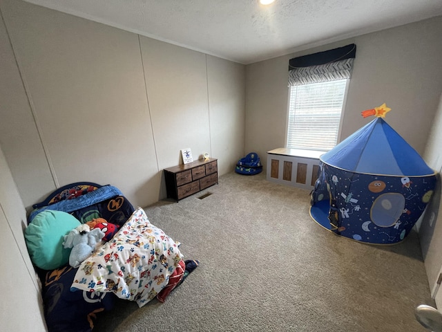 bedroom with carpet and a textured ceiling