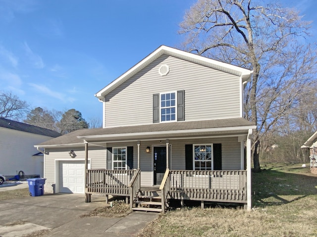 front facade with a porch and a garage