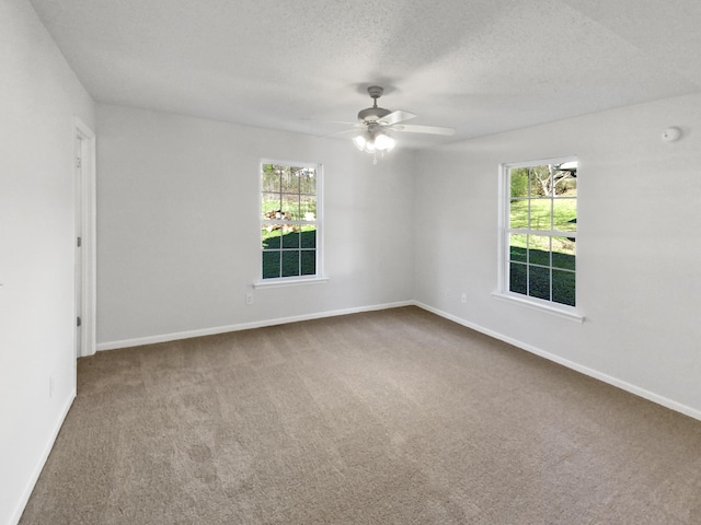 carpeted empty room featuring plenty of natural light, a textured ceiling, and ceiling fan