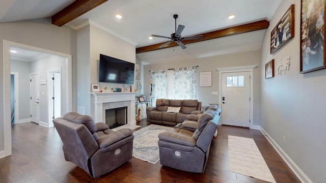 living room featuring ceiling fan, dark hardwood / wood-style floors, crown molding, and vaulted ceiling with beams