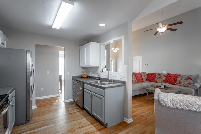 kitchen with light wood-type flooring, appliances with stainless steel finishes, backsplash, and sink