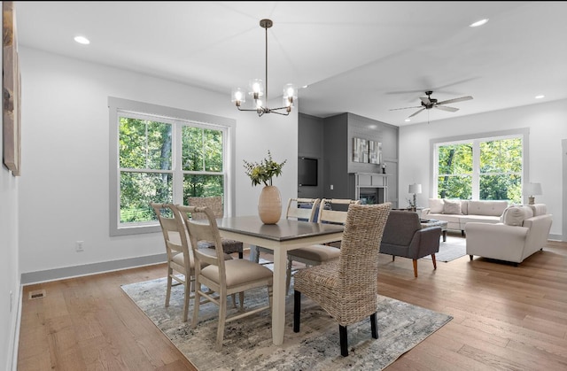 dining room with light hardwood / wood-style floors and ceiling fan with notable chandelier