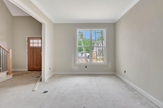 entrance foyer with baseboards, stairs, crown molding, and plenty of natural light