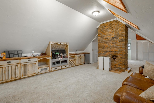 additional living space with lofted ceiling and light carpet