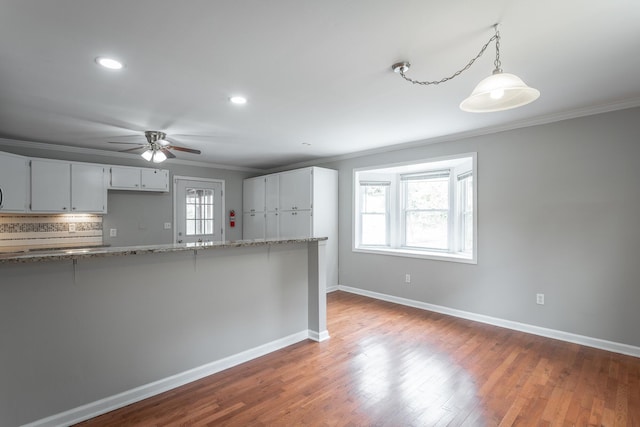 kitchen with ceiling fan, dark hardwood / wood-style flooring, decorative light fixtures, light stone counters, and ornamental molding