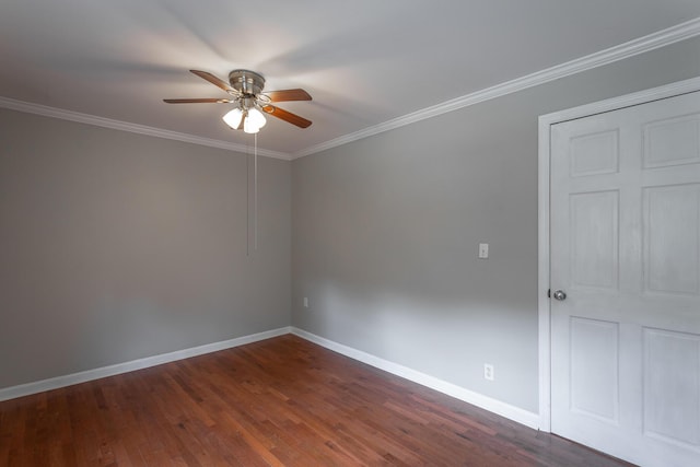 unfurnished room featuring crown molding, ceiling fan, and dark hardwood / wood-style flooring