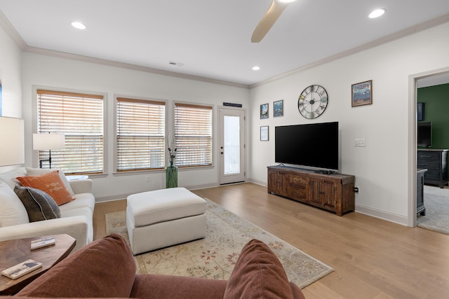 living room with light hardwood / wood-style flooring, plenty of natural light, and ornamental molding