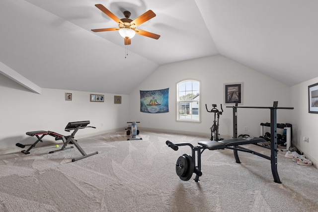 workout room with ceiling fan, light colored carpet, and vaulted ceiling