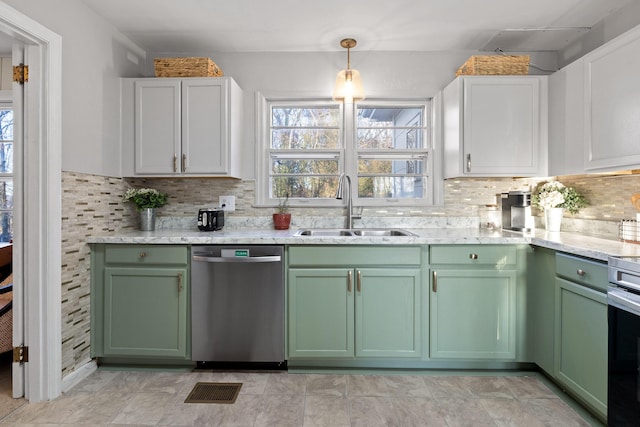 kitchen featuring sink, stainless steel dishwasher, hanging light fixtures, and white cabinets