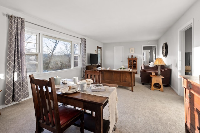 dining space featuring light carpet