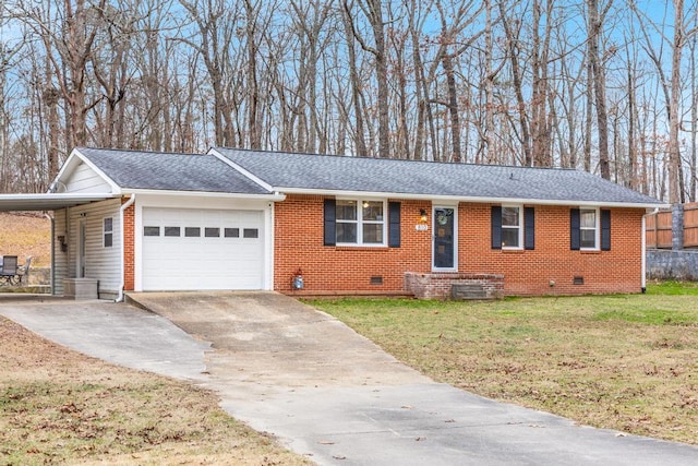 single story home featuring a carport, a garage, and a front lawn