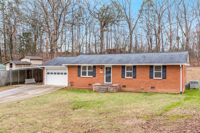 ranch-style house with a garage, cooling unit, and a front lawn