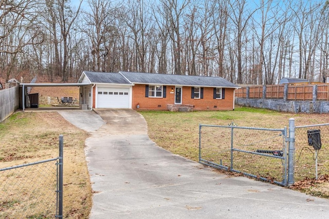 ranch-style house with a garage, a front lawn, and a carport