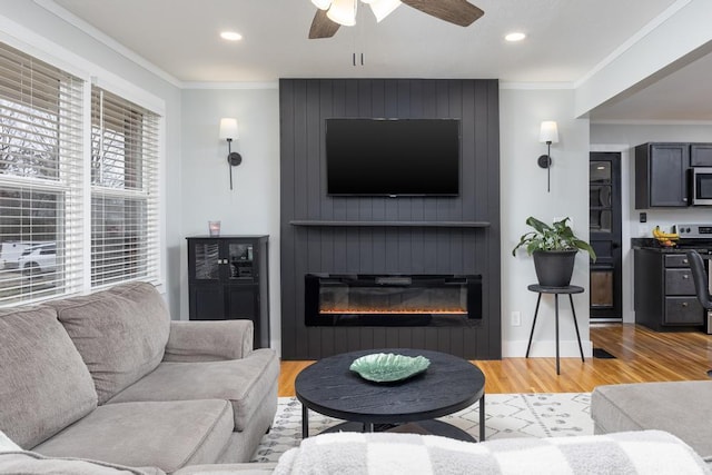 living room with ceiling fan, light hardwood / wood-style flooring, a fireplace, and crown molding