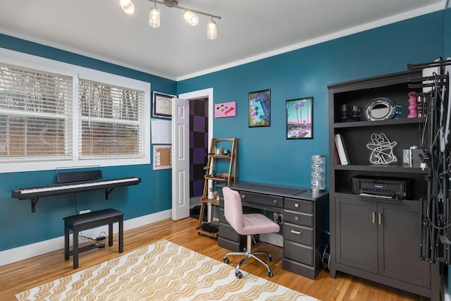 home office featuring light hardwood / wood-style floors and ornamental molding