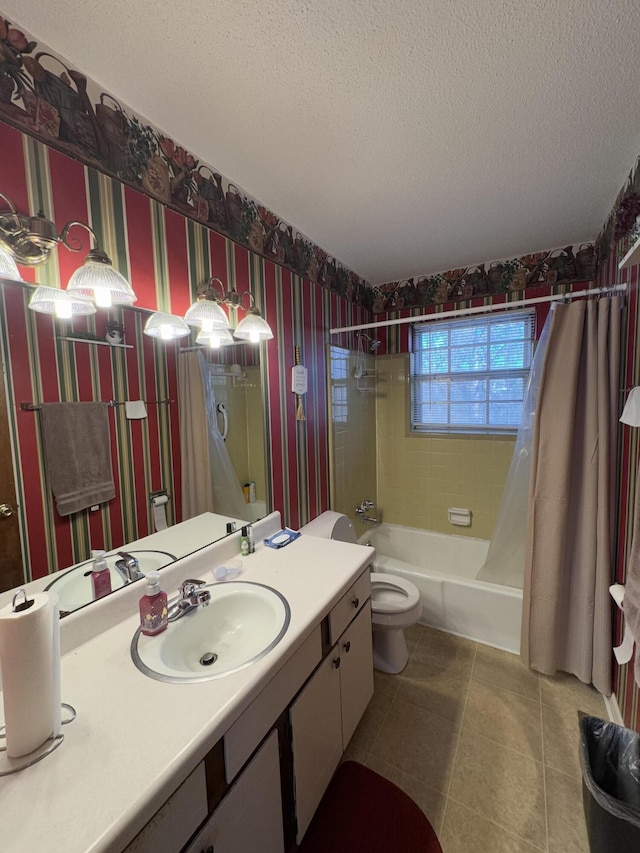 full bathroom with a textured ceiling, toilet, shower / bath combo, and tile patterned flooring