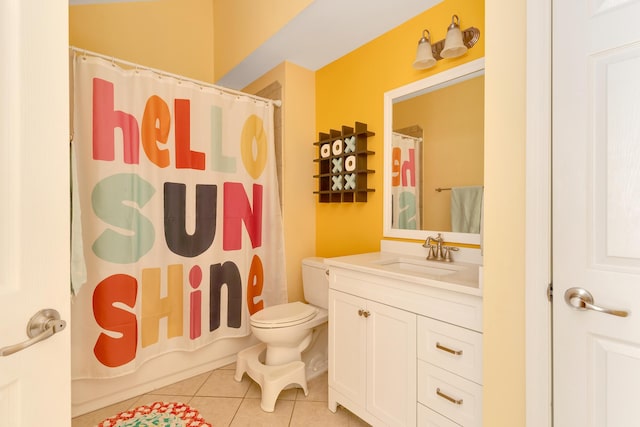 full bathroom featuring tile patterned flooring, vanity, shower / bath combination with curtain, and toilet