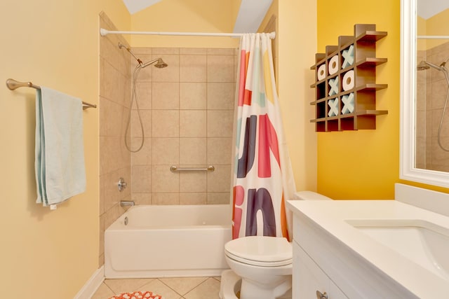 full bathroom with shower / bathtub combination with curtain, vanity, toilet, and tile patterned flooring