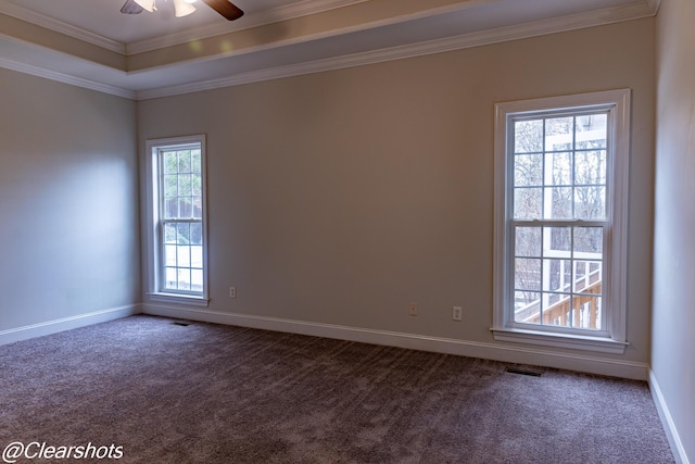 unfurnished room with a tray ceiling, crown molding, ceiling fan, and carpet