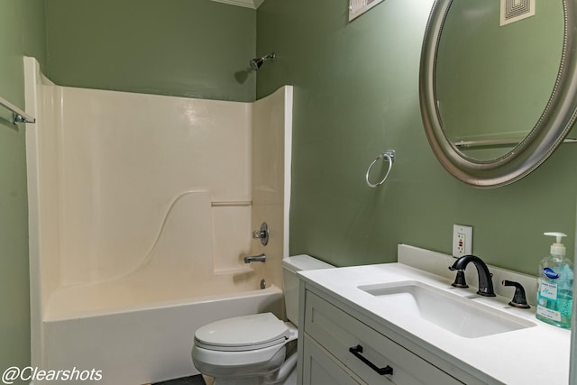 full bathroom with shower / bathing tub combination, vanity, and toilet