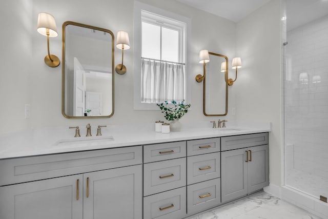 bathroom with walk in shower and vanity